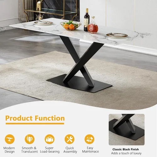 Miniatura 4 de Juego de mesa de comedor de mármol blanco para 4, 70 pulgadas, mesa de comedor de mármol blanco con 4 sillas de terciopelo beige y base de acero al