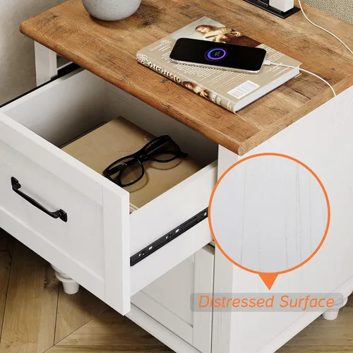Miniatura 6 de WAMPAT Juego de 2 mesas auxiliares, mesa auxiliar de mediados de siglo para dormitorio, mesita de noche de madera con 2 cajones grandes, mesita
