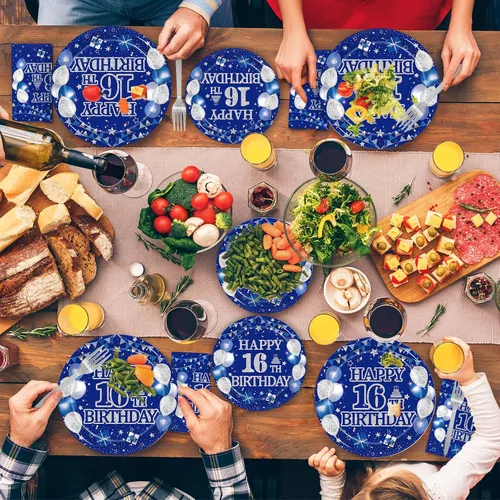 Miniatura 7 de Kepeel Juego de vajilla de 96 piezas para fiesta de 16º cumpleaños, decoraciones y suministros azul y plateado Feliz 16º Cumpleaños para niños