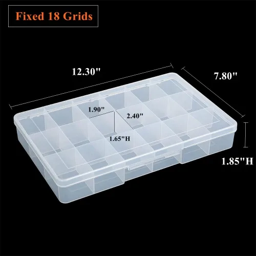 Miniatura 2 de Paquete de 2 cajas fijas de plástico transparente con compartimento de 18 rejillas, organizador transparente con tapa para cuentas, botón, hardware