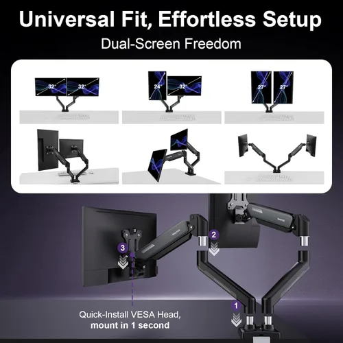 Miniatura 6 de NearHub - Soporte de escritorio para doble monitor para pantalla de computadora de 13-32" y hasta 10 kg, rotación de 360°, inclinación de +90° a