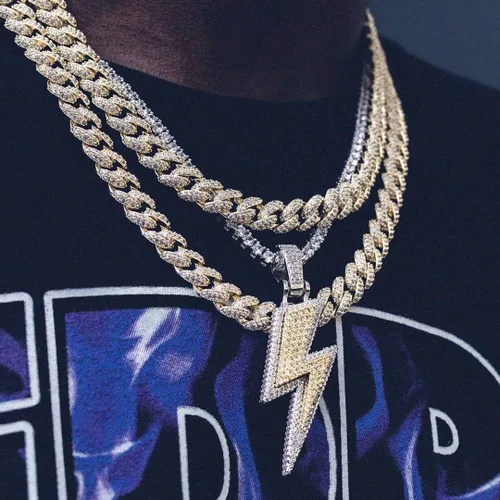 Miniatura 6 de JINAO Hip Hop - Colgante con diseño de rayo chapado en oro de 18 quilates con circonita cúbica con micropave de imitación de diamante para hombres