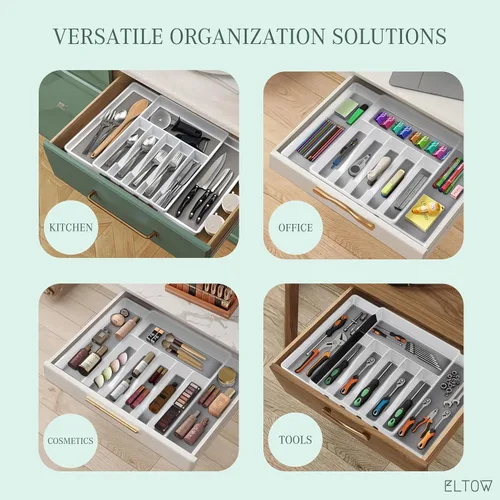 Miniatura 6 de ELTOW Organizador grande de cubiertos expandible, 8 compartimentos antideslizante y ajustable, organizador de cubiertos para cajón, organización