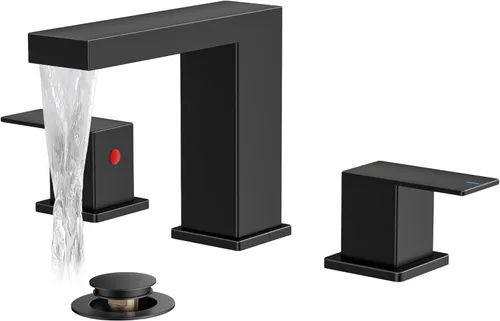 Miniatura 12 de FORIOUS Grifo de baño negro y dorado de 8 pulgadas de extensión amplia cuadrado, 2 manijas, grifos negros mate de 6 pulgadas para lavabo de baño, 3