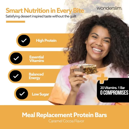 Miniatura 4 de Barra de proteínas WonderSlim para reemplazo de comida, Caramelo y Cacao, 15g de proteína, 20 vitaminas y minerales, sin gluten (7 unidades)