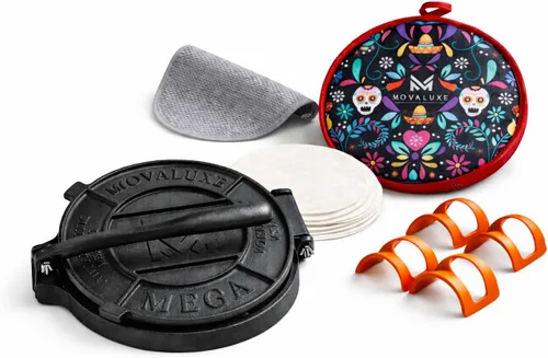 Miniatura 10 de Movaluxe® Prensa de tortilla de hierro fundido de 10 pulgadas XL - Máquina para hacer maíz y harina Roti Prensador de tortillera resistente. Con