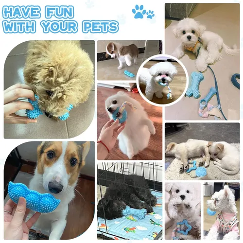 Miniatura 8 de Petcare Paquete de 6 juguetes para masticar para cachorros - Cuerda de goma azul suave y hueso redondo para dentición para perros pequeños
