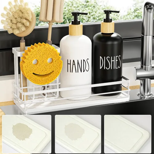Miniatura 15 de Moforoco Juego de dispensador de jabón para platos de cocina, botella de vidrio de 16 onzas, dispensador de jabón para manos y platos, bandeja