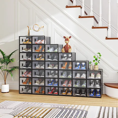Miniatura 10 de Paquete de 6 cajas de zapatos apilables de plástico transparente, cajas organizadoras de zapatos con tapas para tenis, estuche para zapatos hasta