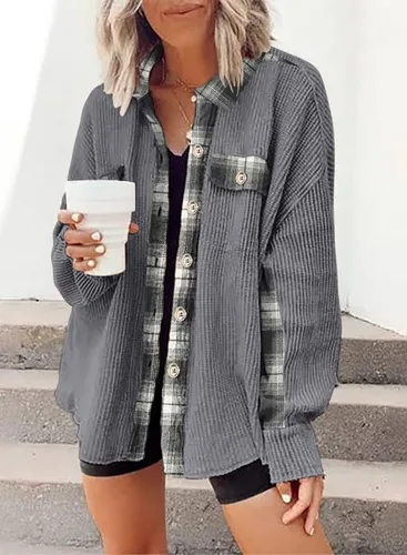 Miniatura 2 de SHEWIN Chaqueta de punto gofre para mujer, diseño a cuadros, con botones, holgada, de manga larga