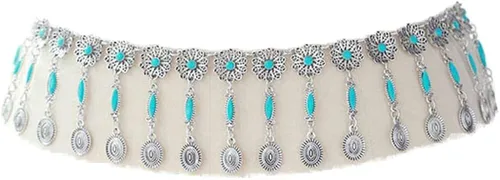 Zoestar - Cadena de cintura estilo vintage, color turquesa con borla bohemia y flores