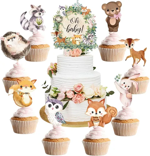 49 piezas de decoración de cupcakes de bosque neutro de animales del bosque para decoración de baby shower, hojas florales, suministros de fiesta de