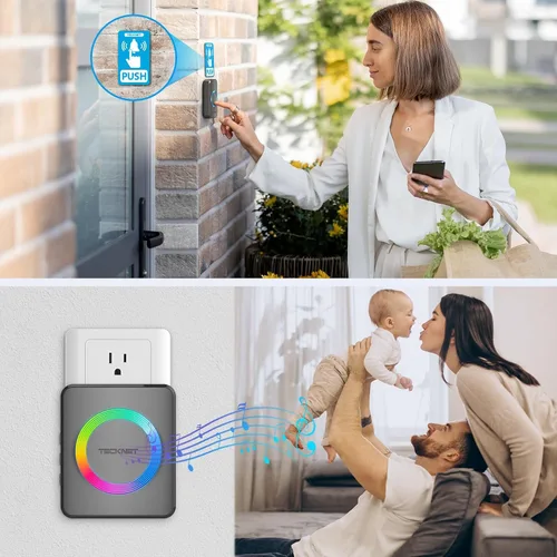 Miniatura 6 de TECKNET - Timbre de puerta inalámbrico con 2 botones y 1 receptor, timbres impermeables IP65 para el hogar, rango de operación de 1300 pies, 60