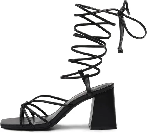 Miniatura 2 de DREAM PAIRS Sandalias de tacón alto con cordones para mujer, tacón alto cuadrado y puntera abierta, sandalias gruesas para fiestas, viajes y citas