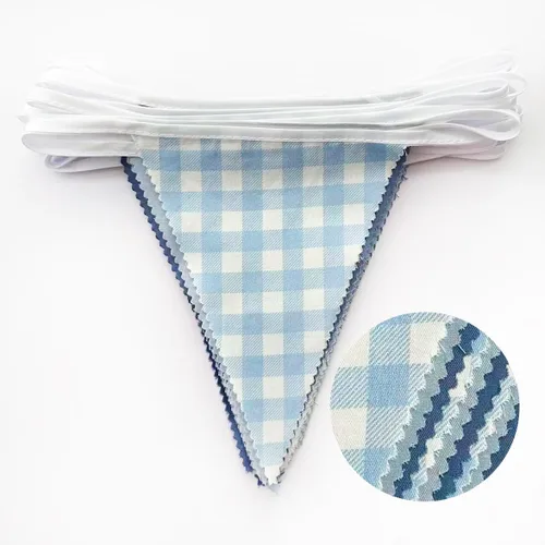 Miniatura 2 de 32 pies de decoraciones de fiesta azul polvoriento, banderines de tela en forma de triángulo retro azul a cuadros, bandera de guirnalda de Azul