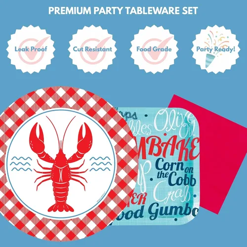 Miniatura 7 de Suministros para fiestas de cangrejos – 16 platos llanos de cangrejos de cangrejo, 16 platos de postre de clambake y gumbo y 32 servilletas rojas
