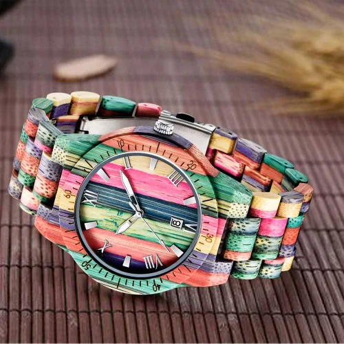 Miniatura 5 de Tiong Brand Wooden Watches Mens with Handmade Colorful Bamboo Wood Watch Analog Date Quartz Wooden Watch for Men