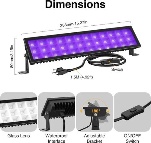 Miniatura 5 de Onforu Paquete de 2 barras de luz negra, luz negra LED con enchufe e interruptor, impermeable IP66 para fiesta brillante, dormitorio, Halloween