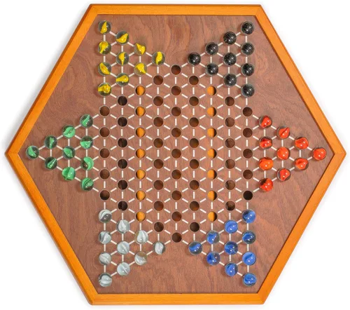 Miniatura 5 de Yellow Mountain Imports Juego de mesa Halma de damas chinas de madera, 15.7 x 13.6 pulgadas, con cajones y canicas de vidrio