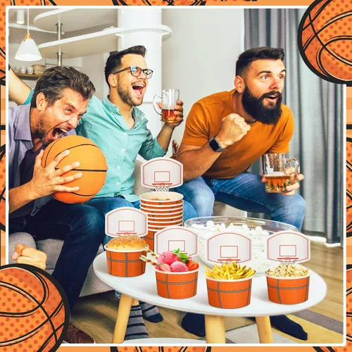 Miniatura 5 de Sunnyray 48 juegos de tazas de baloncesto con tarjetas de 8 onzas desechables de papel de baloncesto para fiestas, pelotas deportivas, cuencos