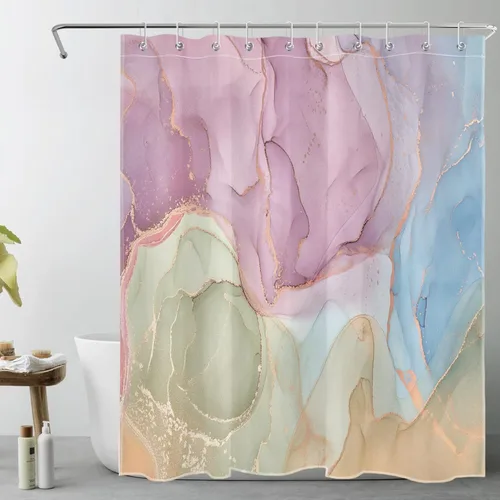 Miniatura 25 de LB Cortina de ducha abstracta de mármol, textura de mármol rosa y negro, cortina de ducha de arte moderno para baño, 60 x 72 pulgadas, tela