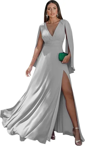 Miniatura 26 de Women's Long Sleeve Bridesmaid Dresses V-Neck Chiffon Ruched Formal Dress Evening Gown with Slit