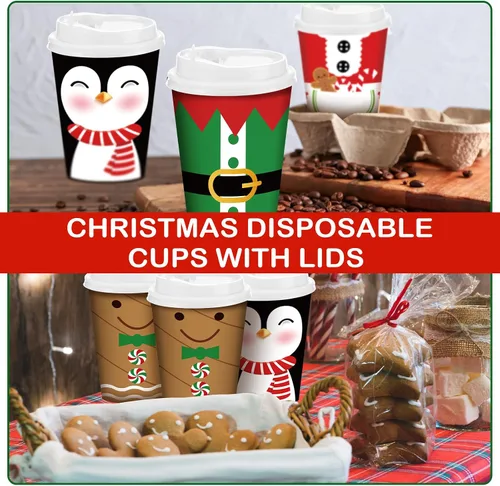 Miniatura 5 de Gerrii Juego de 100 vasos de papel de Navidad desechables de 12 onzas con tapas, tazas de chocolate caliente, tazas de café, tazas calientes