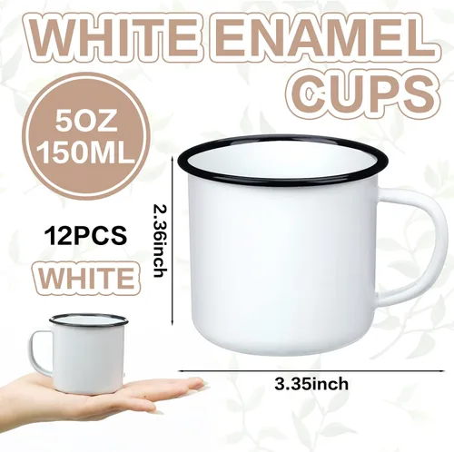 Miniatura 2 de Yinder 12 tazas de café de 5 onzas de metal pequeñas clásicas portátiles blancas de 5 onzas, tazas vintage a granel con asa para café, té, picnic