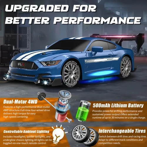 Miniatura 9 de Coche de Deriva RC, Vehículo de Control Remoto a Escala 1:24 para Niños, 2.4GHz 20KM/H 4WD Autos RC de Alta Velocidad con Luz LED, Dos
