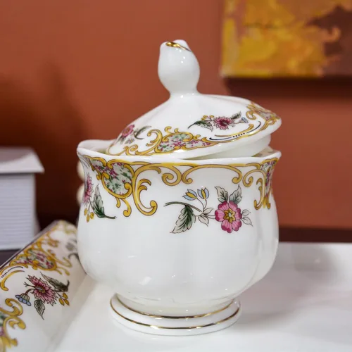 Miniatura 7 de ACMLIFE Juego de té de porcelana de hueso para adultos, juego de té de porcelana fina blanca y floral de 21 piezas, juego de 6 tazas de té inglés