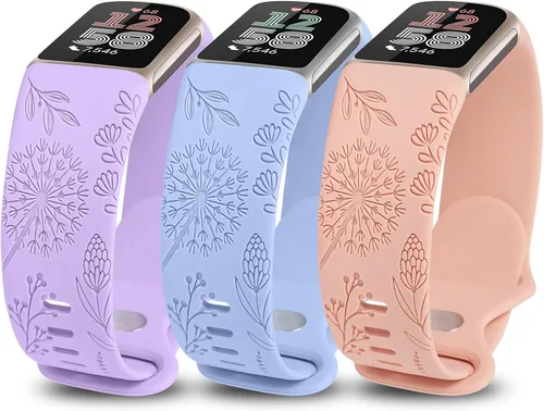 Miniatura 15 de Minyee Paquete de 3 bandas grabadas florales compatibles con Fitbit Charge 6 bandas/Fitbit Charge 5 bandas para mujer, lindo diseño de flores