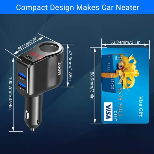 Miniatura 6 de Adaptador de cargador de coche PD USB C de 200 W: divisor de enchufe de encendedor de cigarrillos de 12 V Enchufe de CC de 12 voltios Toma