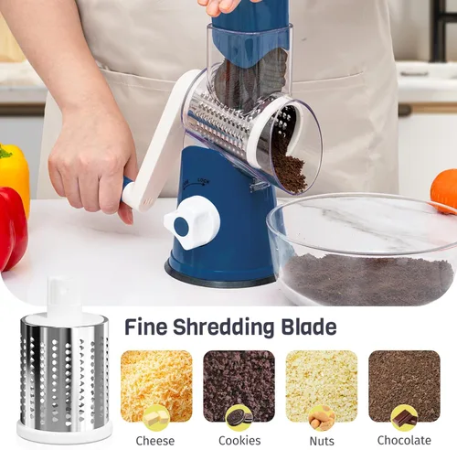 Miniatura 5 de Rallador de queso giratorio de mano con manivela, rallador y triturador de 3 cuchillas, rallador de queso para cocina, herramienta de cocina Azul