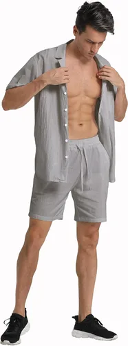Miniatura 4 de RPOVIG Conjunto corto de camisa de lino conjunto casual de 2 piezas con botones para hombre, Gris