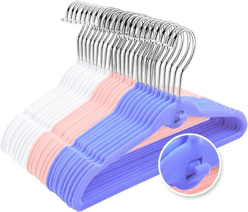 Miniatura 2 de Paquete de 30 perchas de terciopelo para niños, antideslizantes que ahorran espacio con mini ganchos en cascada, multicolor (rosa, lavanda, blanco)