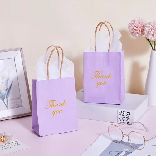 Miniatura 6 de DjinnGlory Paquete de 60 mini bolsas de regalo de papel morado con asas, 6.3 x 4.7 x 2.75 pulgadas, pequeñas bolsas de lavanda para cumpleaños