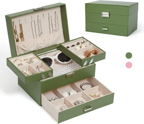 Joyero de 3 capas grande de cuero organizador de joyas para mujeres y niñas, elegante y bien organizado para aretes, anillos, collares, pulseras