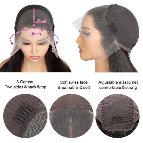 Miniatura 5 de Pelucas de cabello humano lacio con encaje frontal de hueso de 13 x 4 para mujeres negras, densidad del 200 %, peluca frontal de encaje transparente