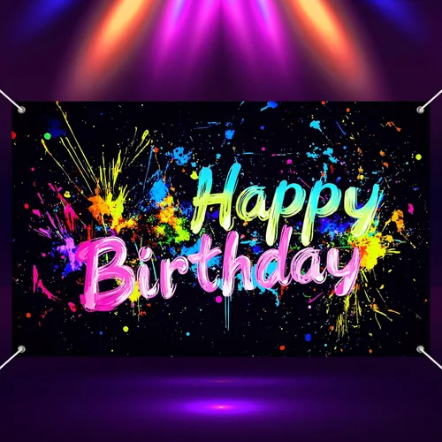 Miniatura 13 de HOMETITUTE Cartel de feliz cumpleaños de 71 x 43 pulgadas con luz negra fluorescente para decoración de fondo de fiesta, controlador de juego azul
