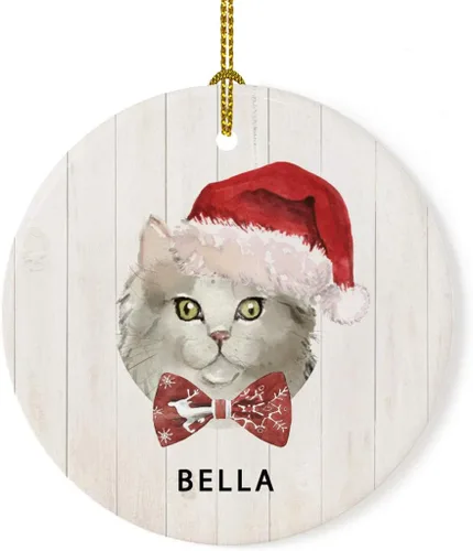 Miniatura 20 de Andaz Press Adorno redondo personalizado de cerámica para árbol de Navidad, abisinio, corona de acebo, sombrero de Papá Noel, con gráfico de gato
