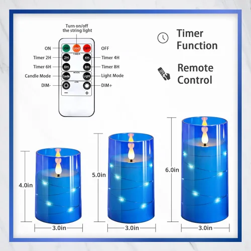 Miniatura 6 de NURADA - Velas parpadeantes sin llama incluye tira luces estrellas led, llama 3D, funciona pila, no se rompe, columna acrílico, control remoto, Azul