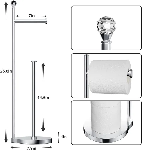 Miniatura 2 de Kasunto Soporte de papel higiénico para baño, almacenamiento de papel higiénico de metal con peso pesado y soporte libre de pie con bola de cristal