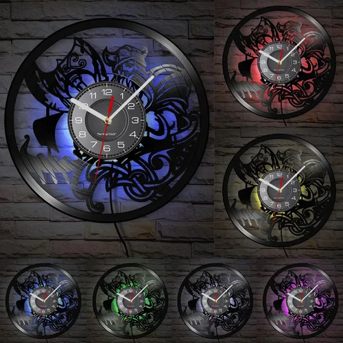 Miniatura 2 de Reloj de pared de vinilo LED vikingo de 12 pulgadas con 7 colores cambiantes, cuarzo silencioso sin tictac, arte de pared vikingo para hombre