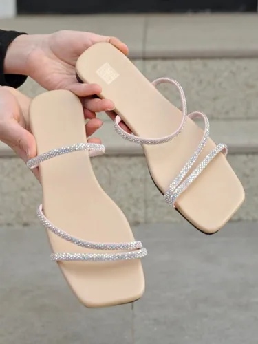 Miniatura 5 de GORGLITTER Sandalias planas con diamantes de imitación para mujer con tiras y puntera abierta