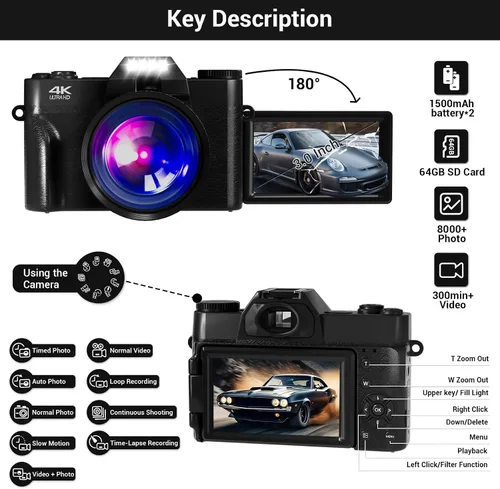 Miniatura 9 de Cámara digital, 75MP WiFi 4K Vlogging cámara de video para YouTube con pantalla abatible de 180° de 3 pulgadas, tarjeta SD de 64 GB, antivibración