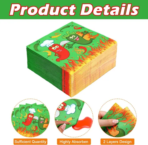Miniatura 3 de Qilery 100 servilletas de papel desechables con chile para cocinar, decoración de fiesta mexicana de Cinco de Mayo, 6.5 pulgadas (cota)