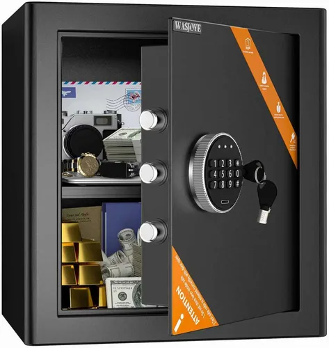 Miniatura 10 de WASJOYE Caja de seguridad para gabinete del hogar, caja fuerte ignífuga de 1.2 pies cúbicos con teclado digital, bloqueo de llave de seguridad