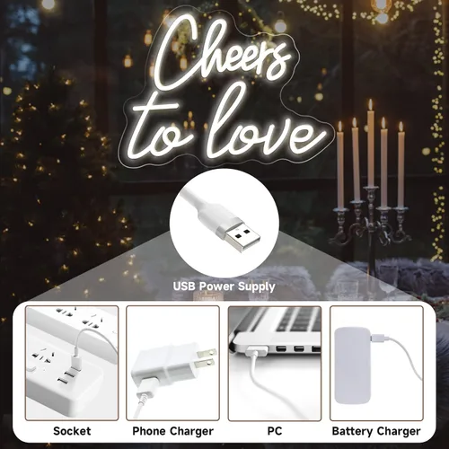 Miniatura 4 de Letrero LED de neón con texto en inglés «Cheers to Love» para decoración de pared, con suministro USB, para dormitorio, cumpleaños, boda, 15.7 x