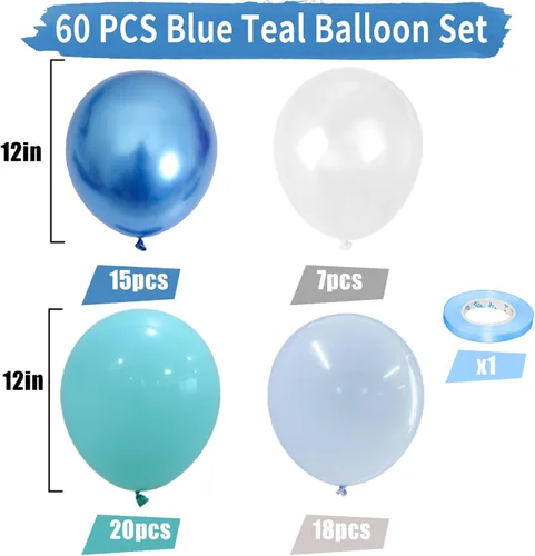Miniatura 3 de Globos azul turquesa, 60 unidades de globos azul turquesa con globo azul metálico transparente, globos pastel azul bebé perla y turquesa