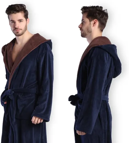 Miniatura 4 de Bata de baño con capucha para hombre, suave y de longitud completa, cómodo camisón cálido de longitud completa